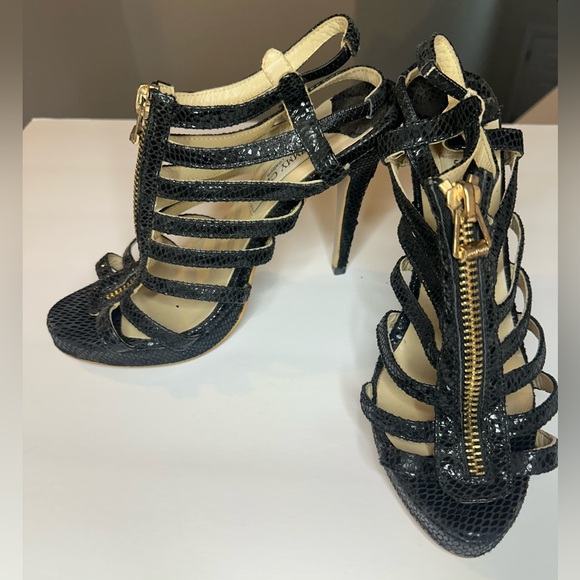 Jimmy Choo Black Glenys Caged Strappy Heels with Gold Accents - Picture 3 of 8
